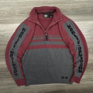Harley-Davidson Sweater Mens Medium Red Gray 1/4 Zip Cotton Biker Motorcycle Y2K